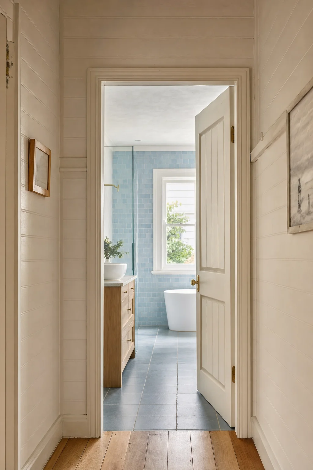 Looking from a boarded cottage hallway into a finished Bangalow bathroom