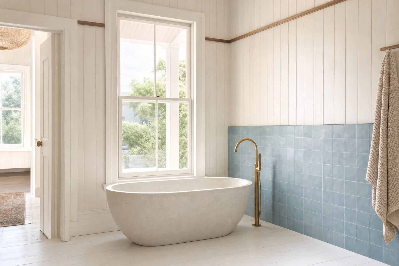 A stone freestanding bath under a tall sash window in a renovated Bangalow cottage bathroom
