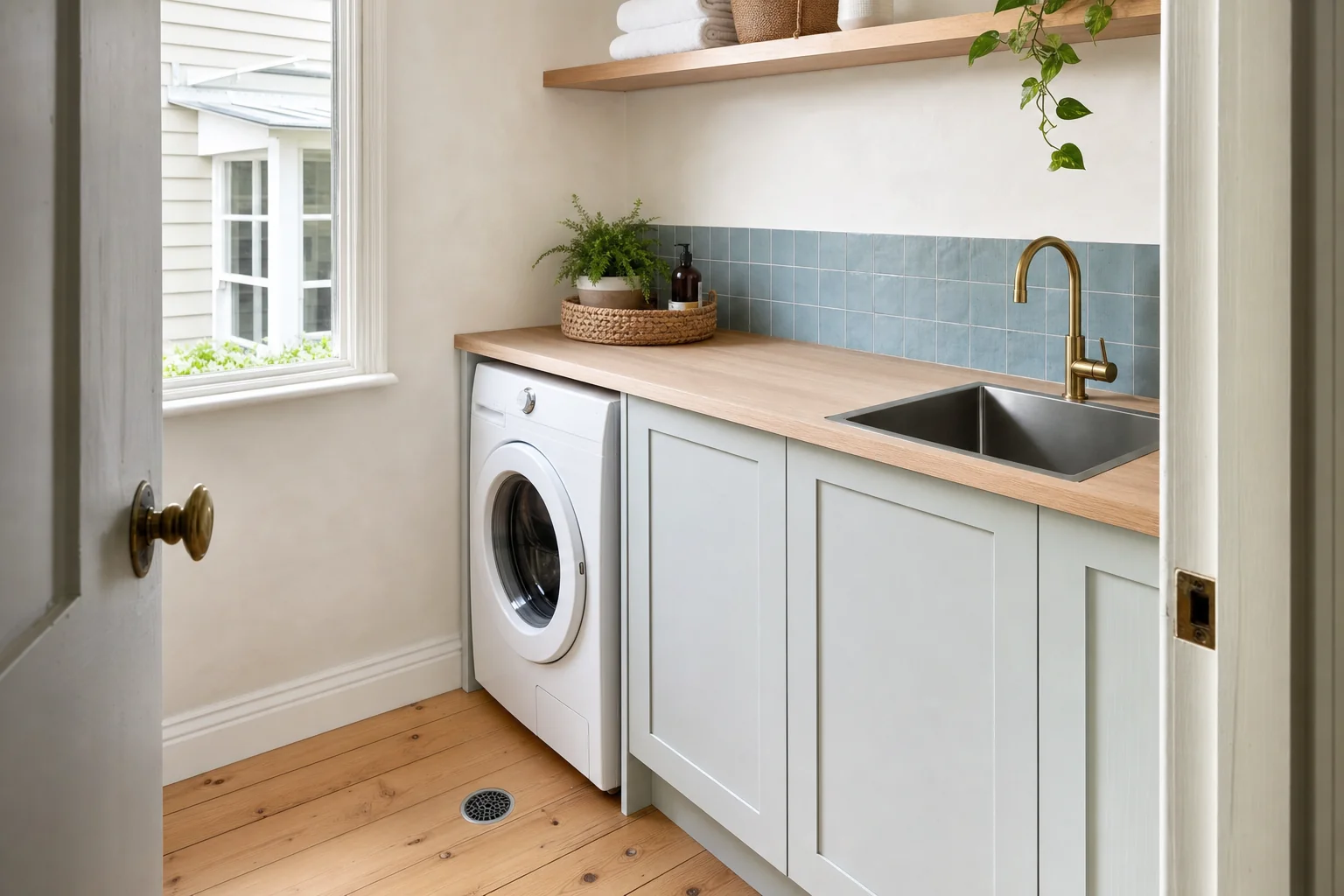 A small internal laundry with a pale oak bench, stainless tub and sea blue splashback in a Bangalow cottage
