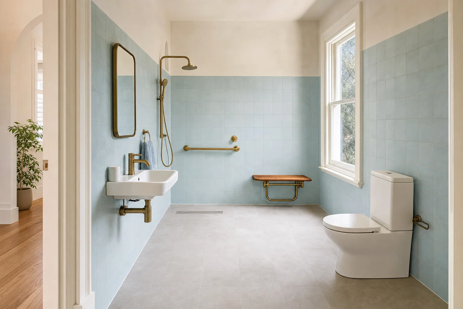 A step free bathroom with a linear floor drain, brass grab rail and fold down timber seat in Bangalow