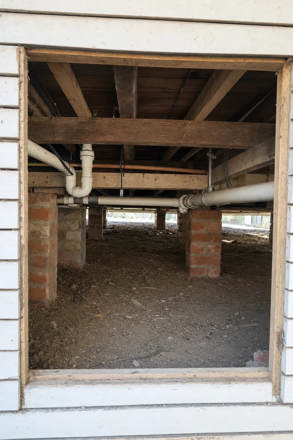 Looking into the subfloor of a raised Bangalow cottage through an access hatch