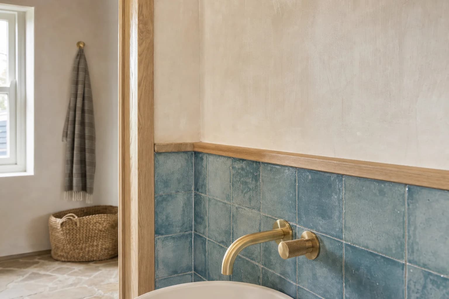 Sea blue tile meeting limewash at a timber capping rail