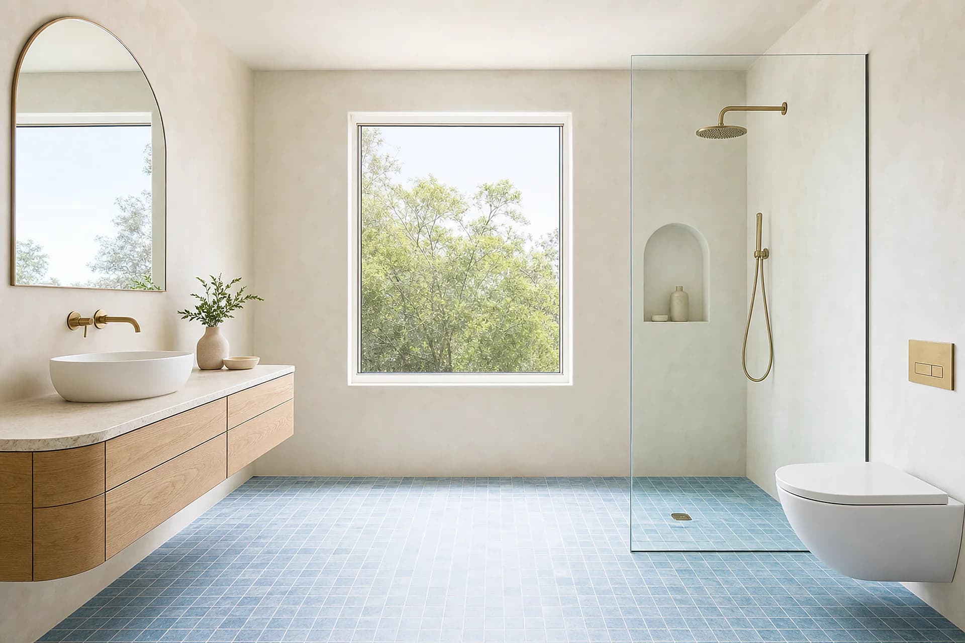 A finished bathroom renovation with sea blue tile and a timber vanity