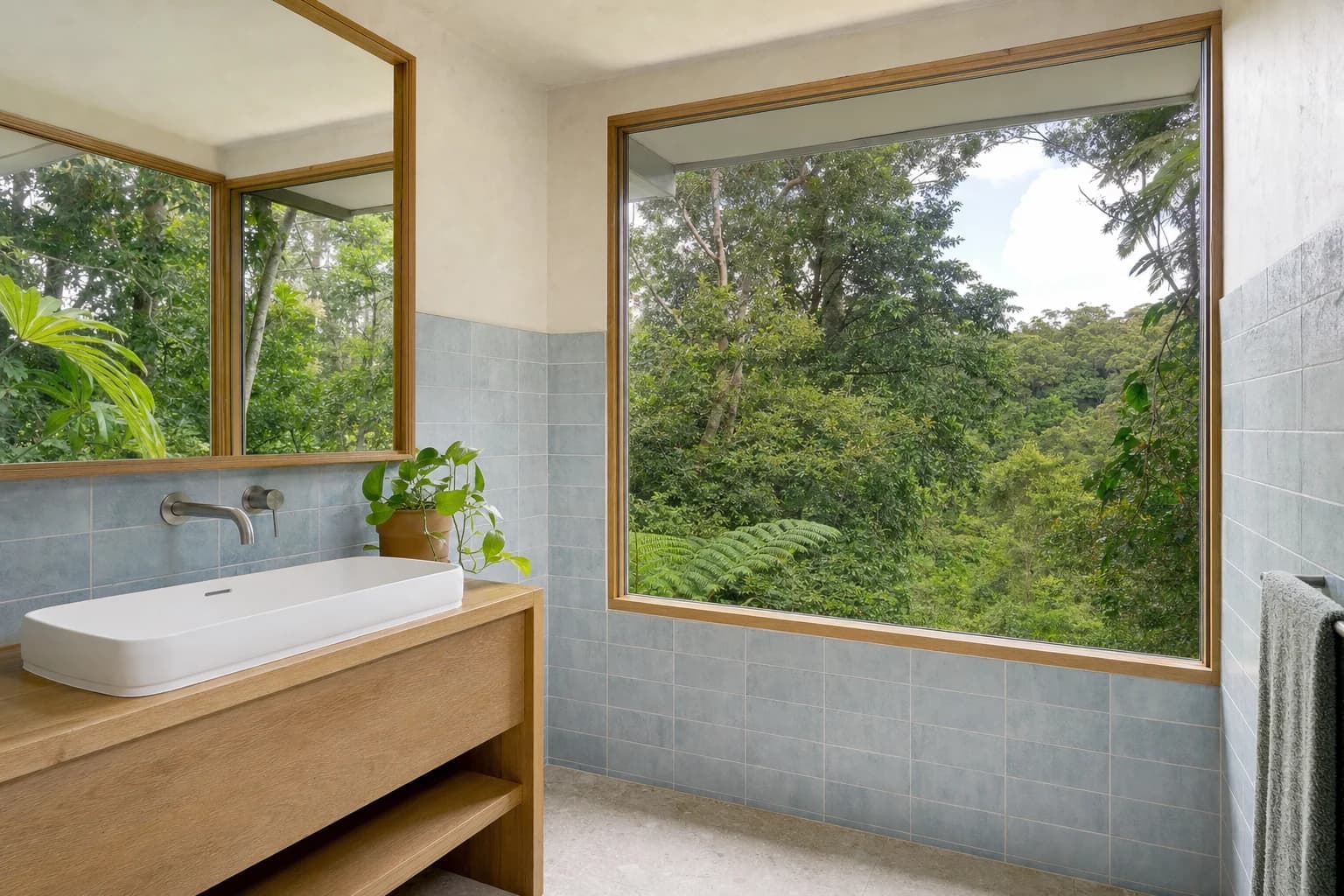 A renovated bathroom in a Broken Head house with a wide window onto rainforest