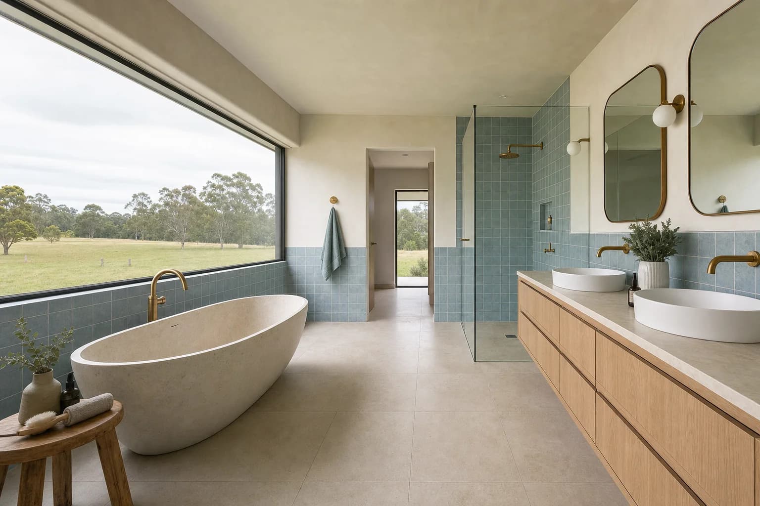 A large light bathroom in an Ewingsdale acreage house with a wide window onto pasture