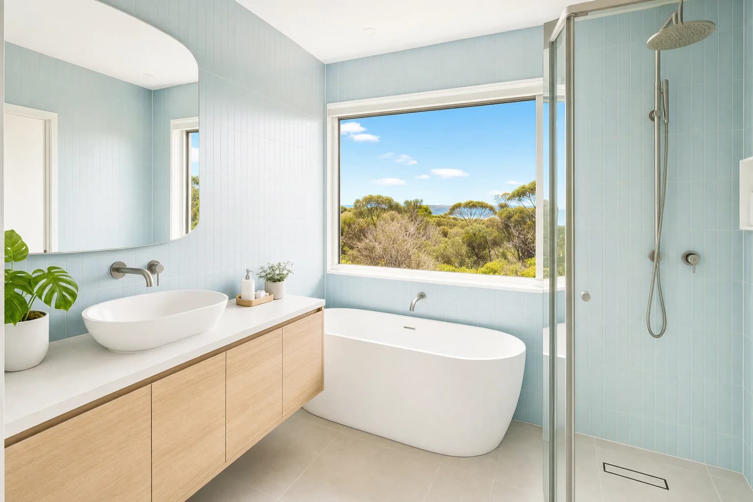 A bright renovated bathroom in a Lennox Head house with pale tile and marine grade hardware