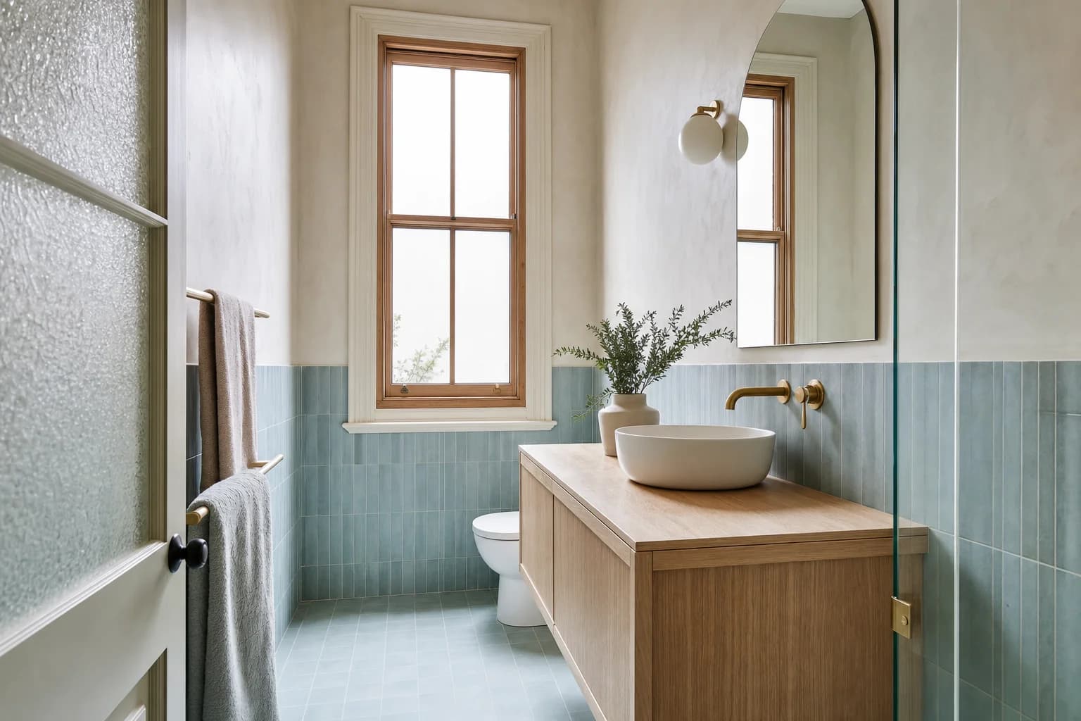 A renovated bathroom in a raised Mullumbimby house with a wall hung vanity and sea blue tile