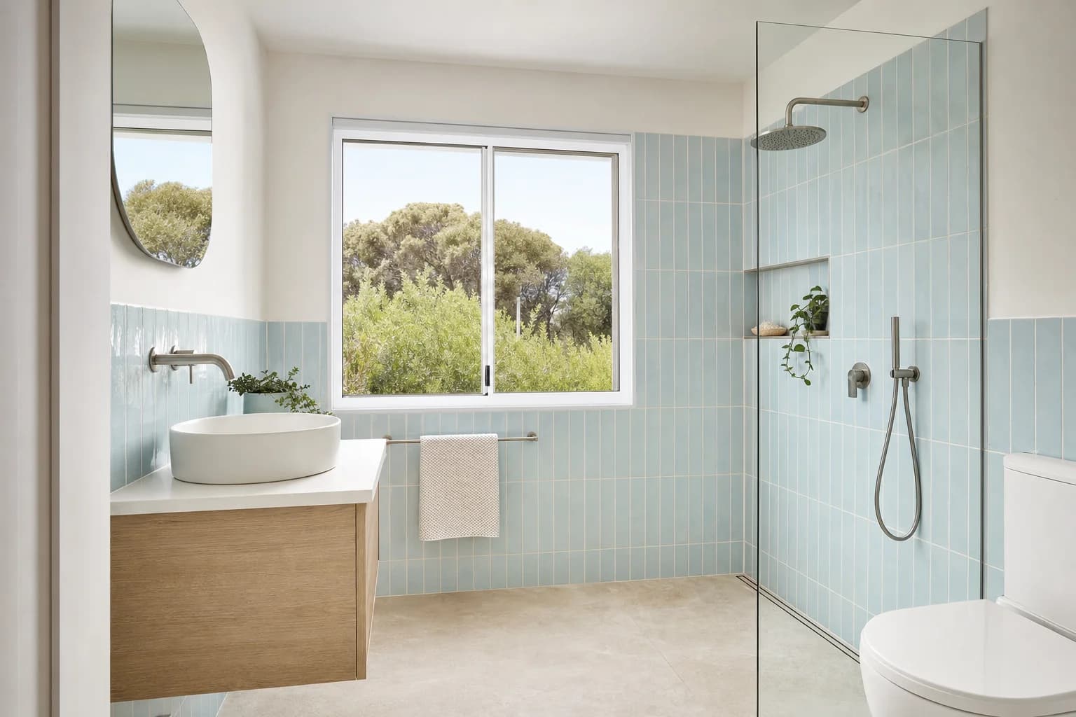 A bright coastal bathroom in a Suffolk Park beach house with pale tile and brushed hardware
