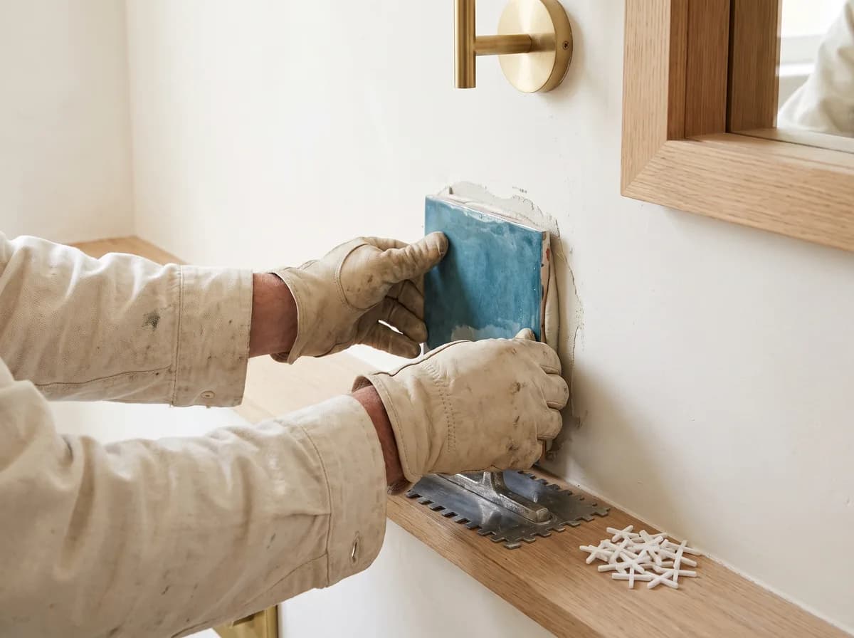 Wall tiling being set out in a bathroom