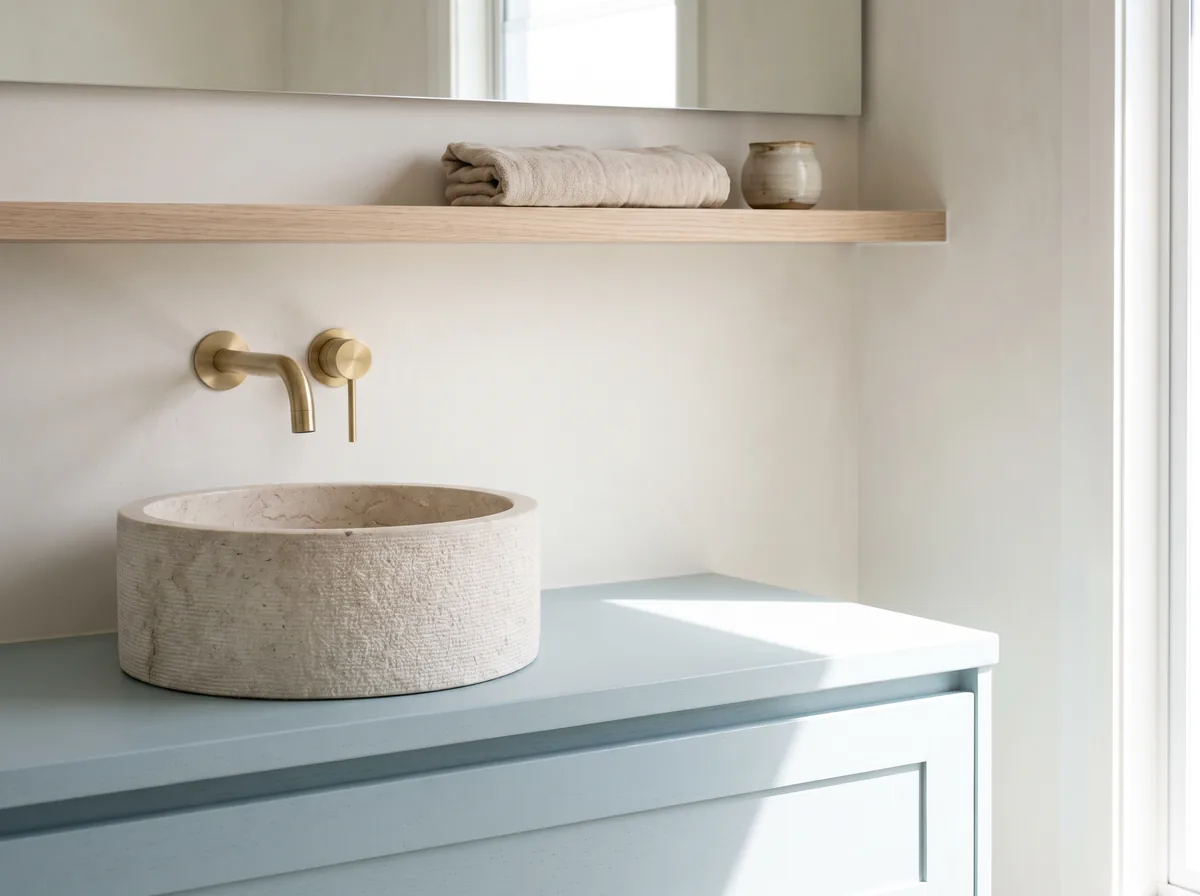 A timber vanity with a stone top and brushed taps