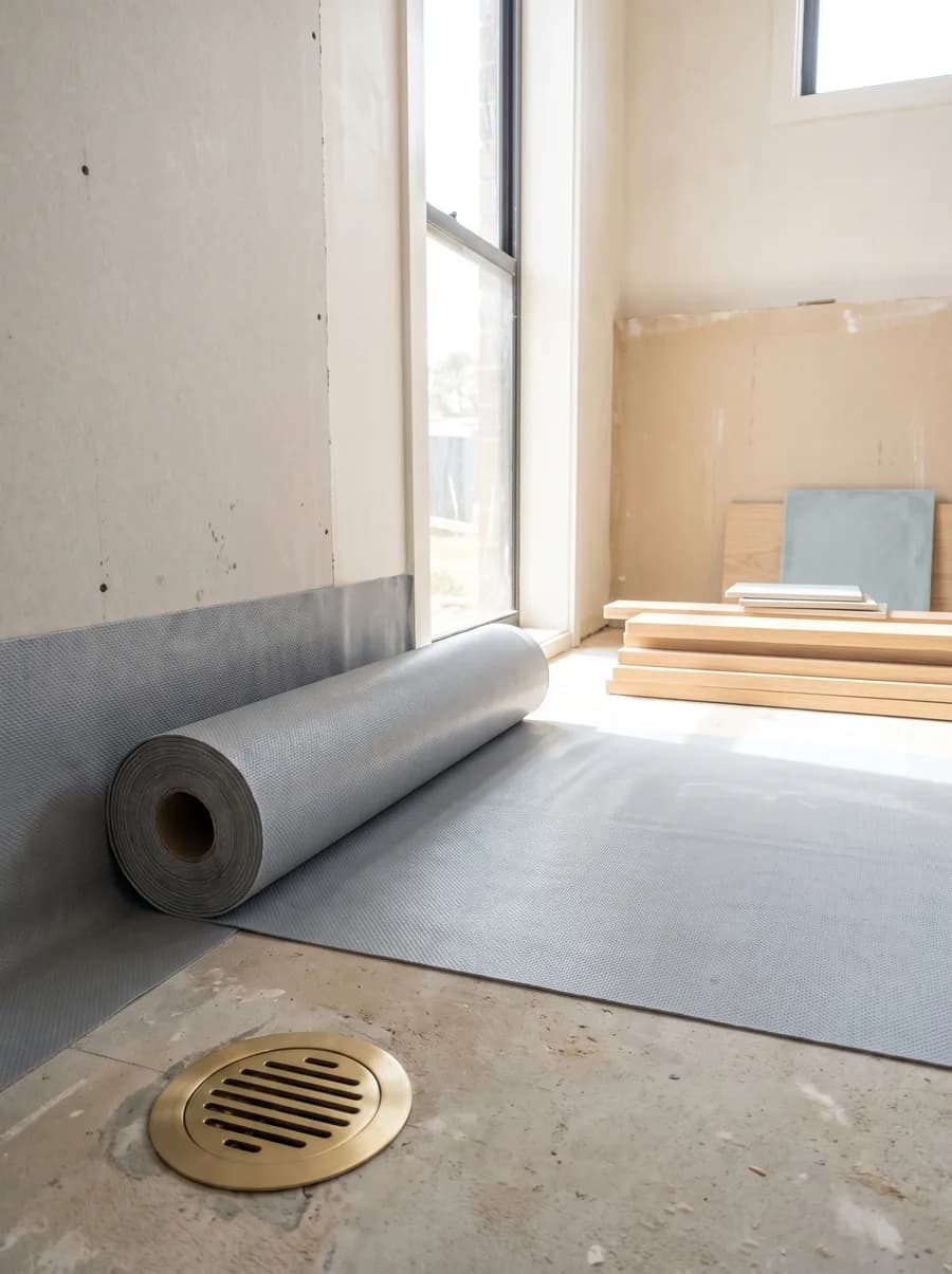 Waterproofing membrane applied to a bathroom floor and turned up the wall