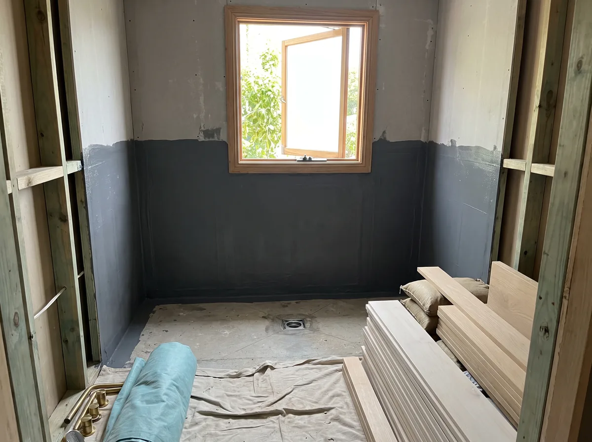 Waterproofing membrane turned up the wall of a bathroom before tiling