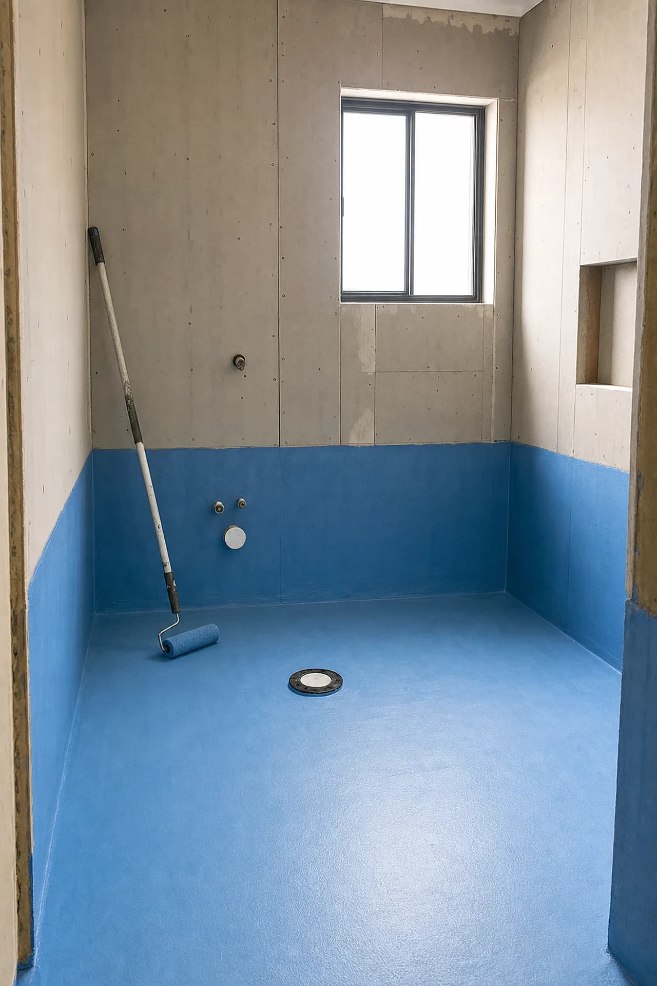 Waterproofing membrane applied across a bathroom floor and turned up the wall