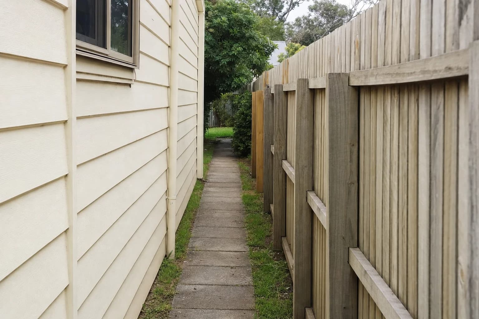 A narrow concrete side path running between a weatherboard house and a paling fence