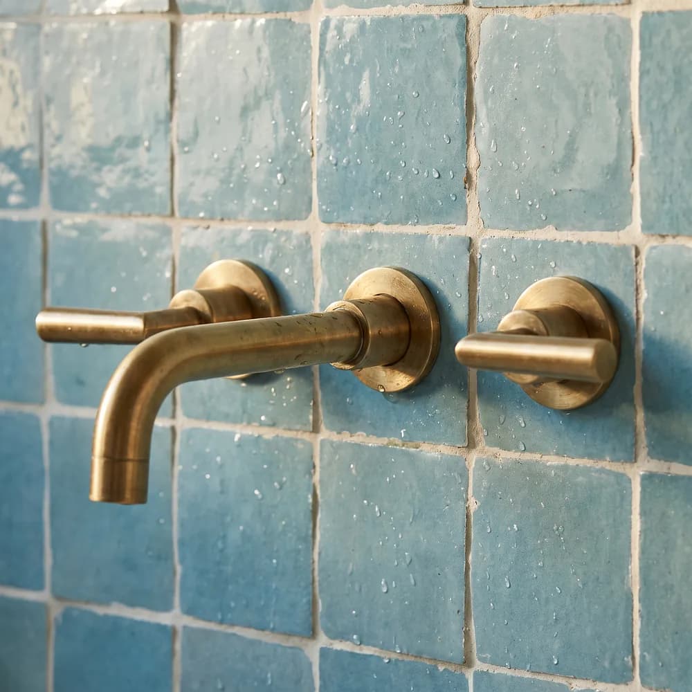 Brushed brass taps against sea blue handmade zellige tiles