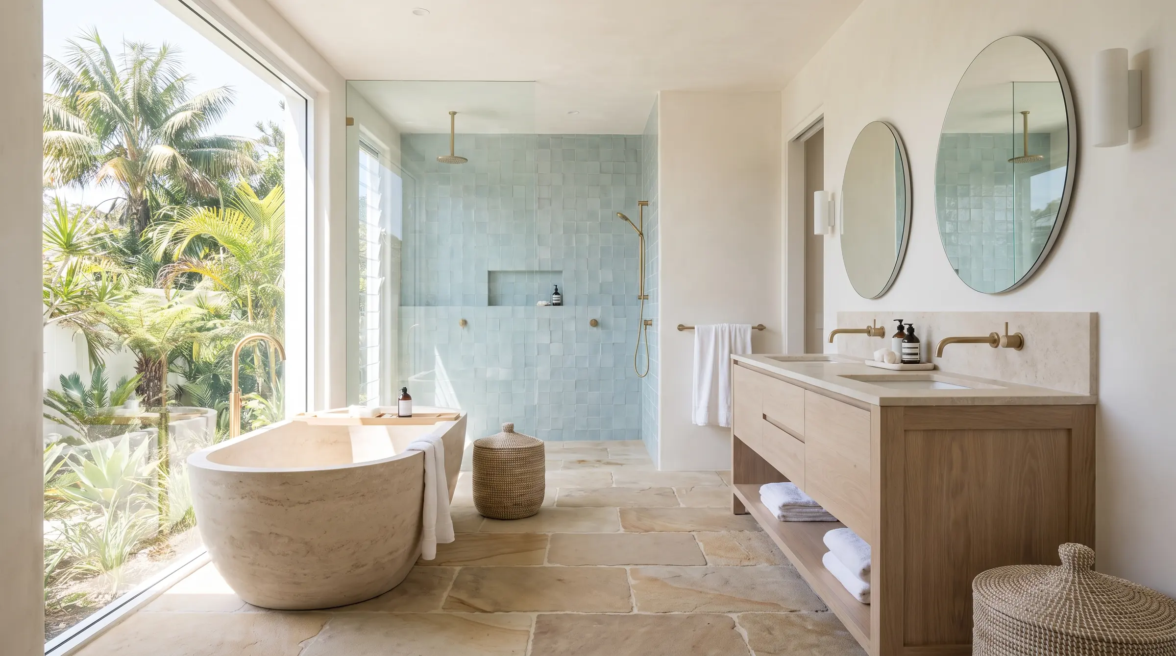 A stone bath in a finished bathroom renovation with warm white walls