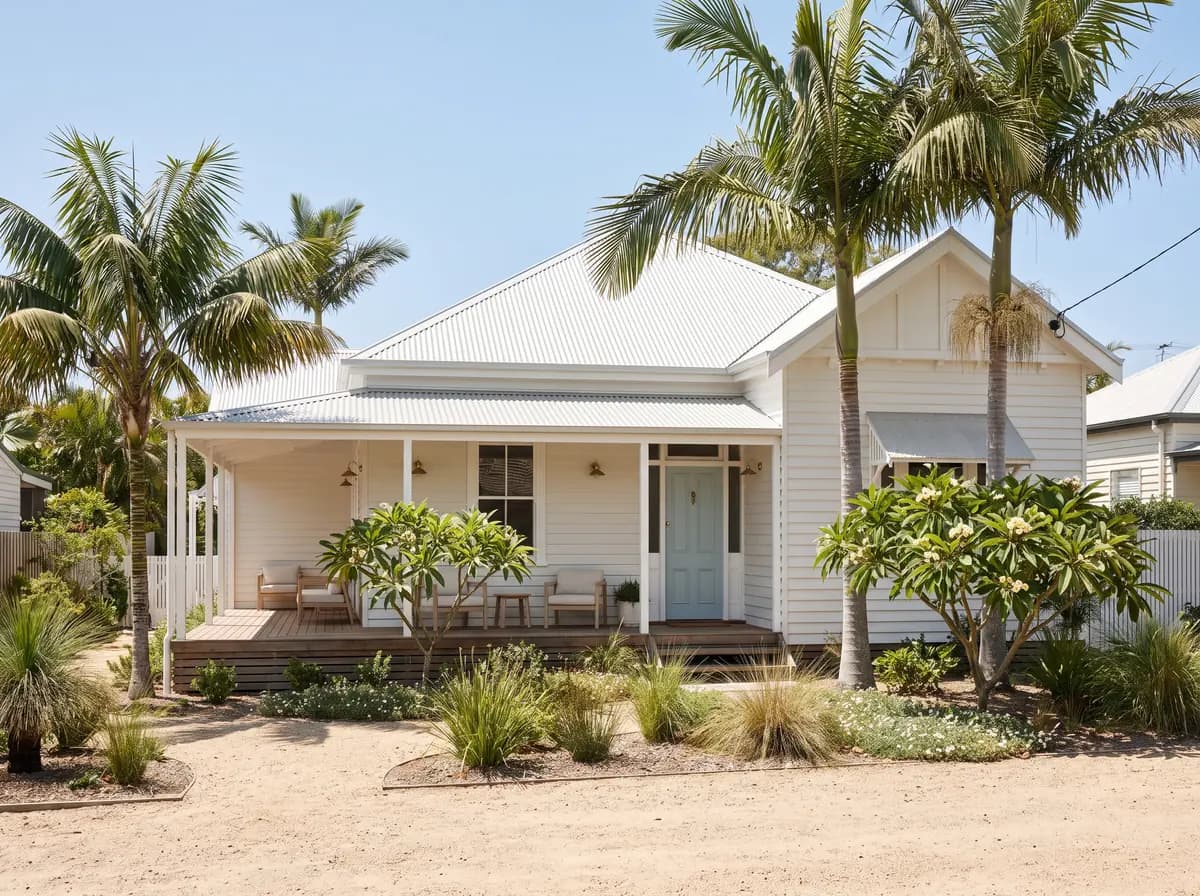 A white weatherboard beach house on a quiet Byron Bay street