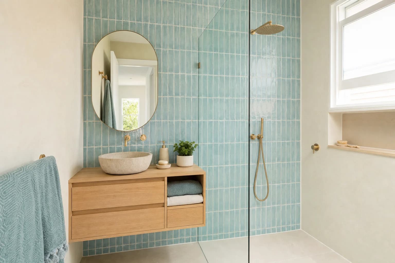 A finished ensuite with a wall hung vanity and a glass screen