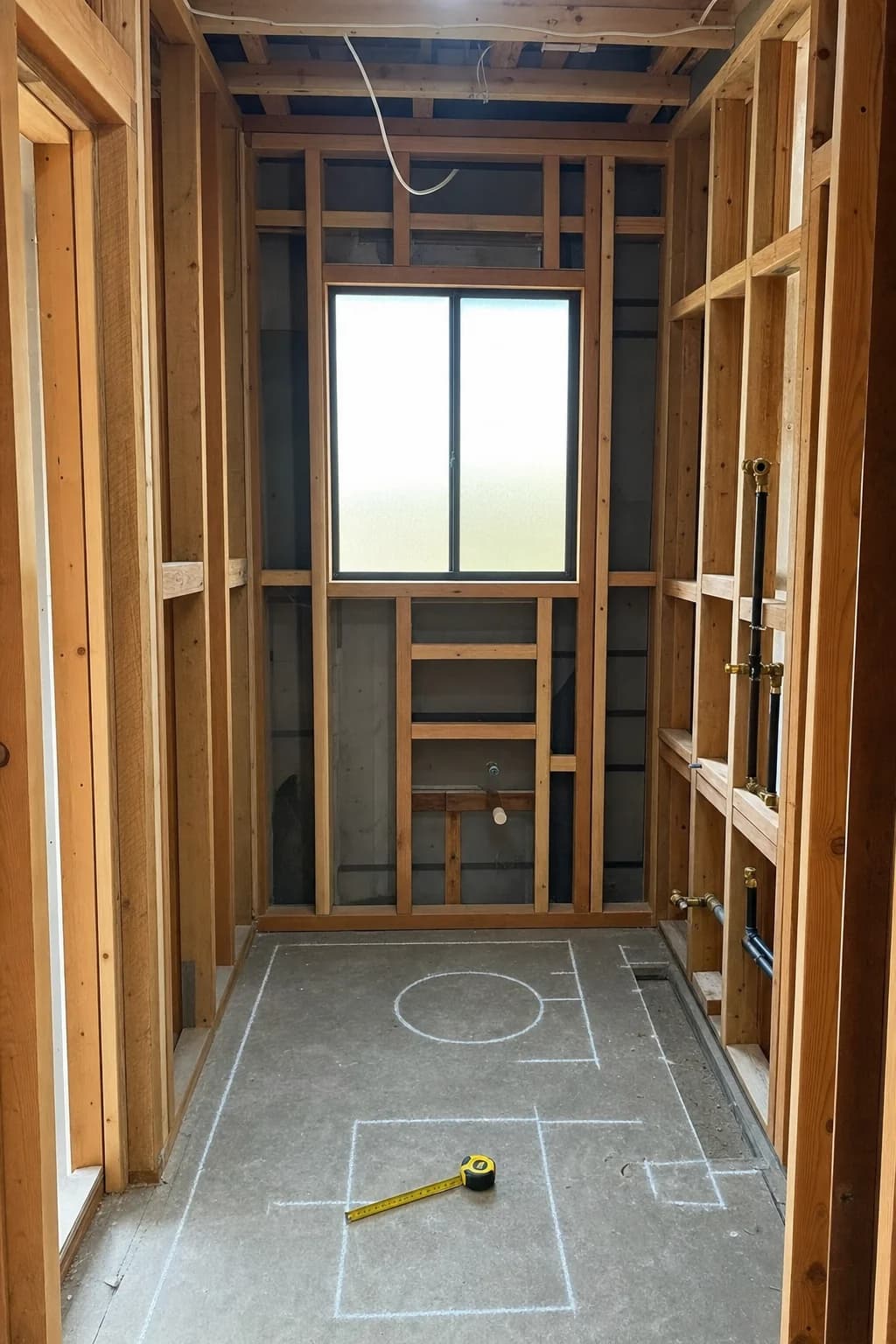 An ensuite layout being set out on the floor before the fixtures go in