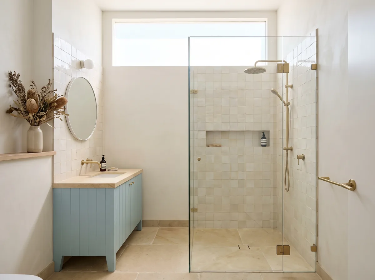A finished ensuite with a wall hung vanity and a large mirror