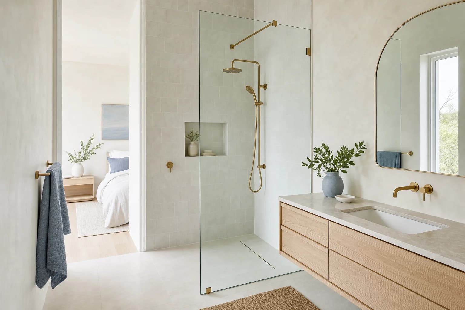 A clear glass shower screen panel set against sea blue tile