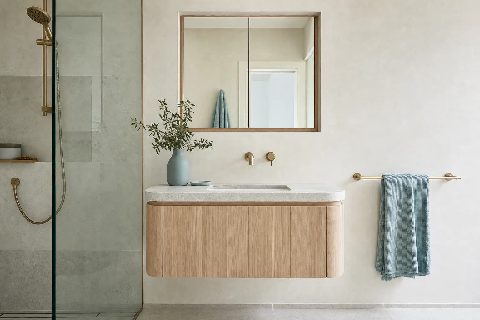 An ensuite vanity wall with a mirror and brushed taps