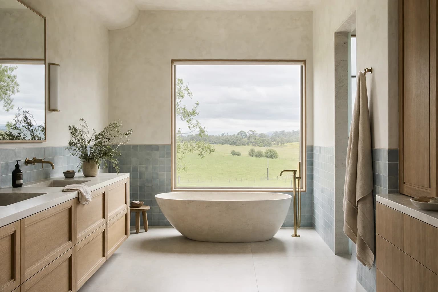 A large open main bathroom in an Ewingsdale acreage house with a freestanding bath