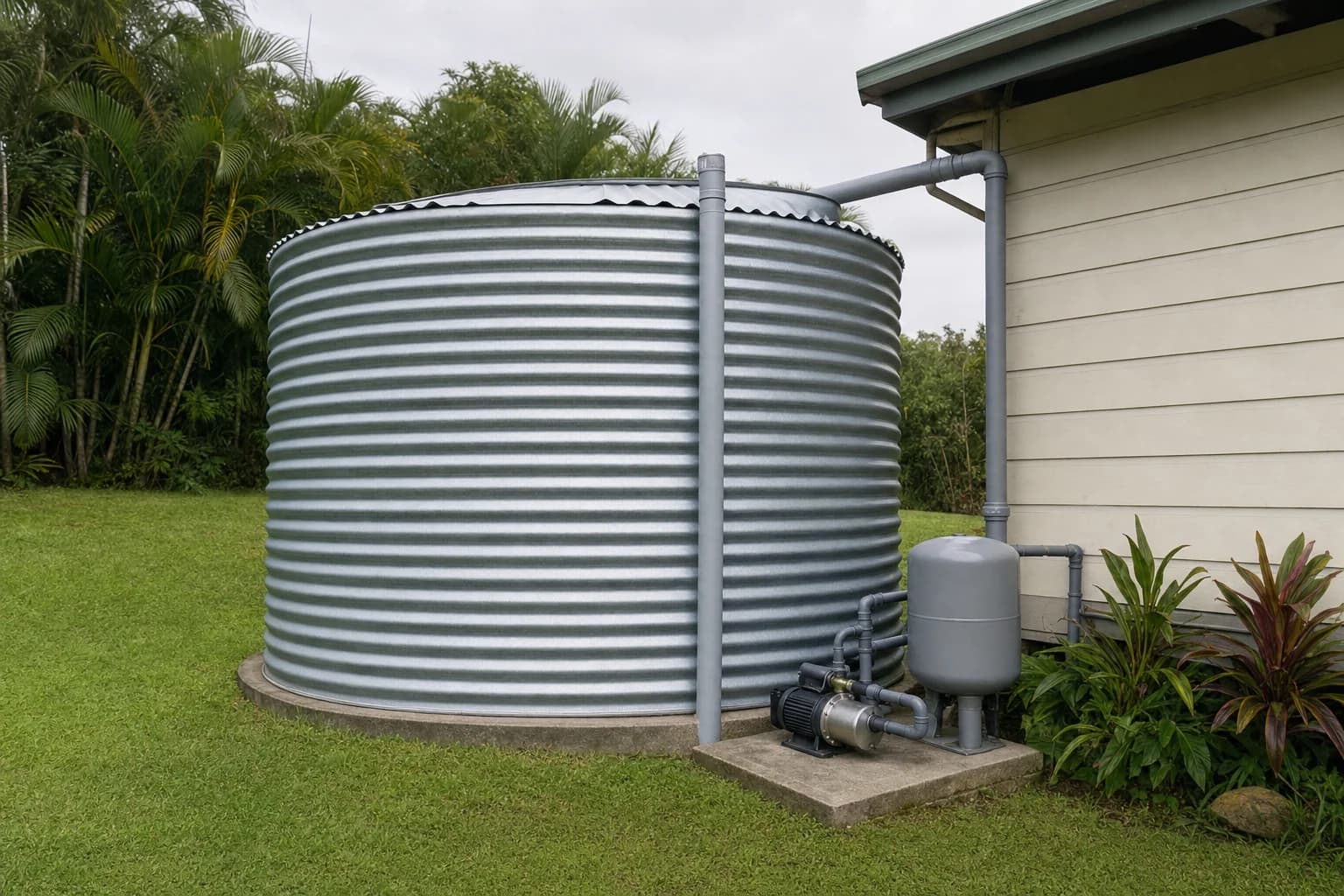 A corrugated rainwater tank and pump beside a timber house at Federal