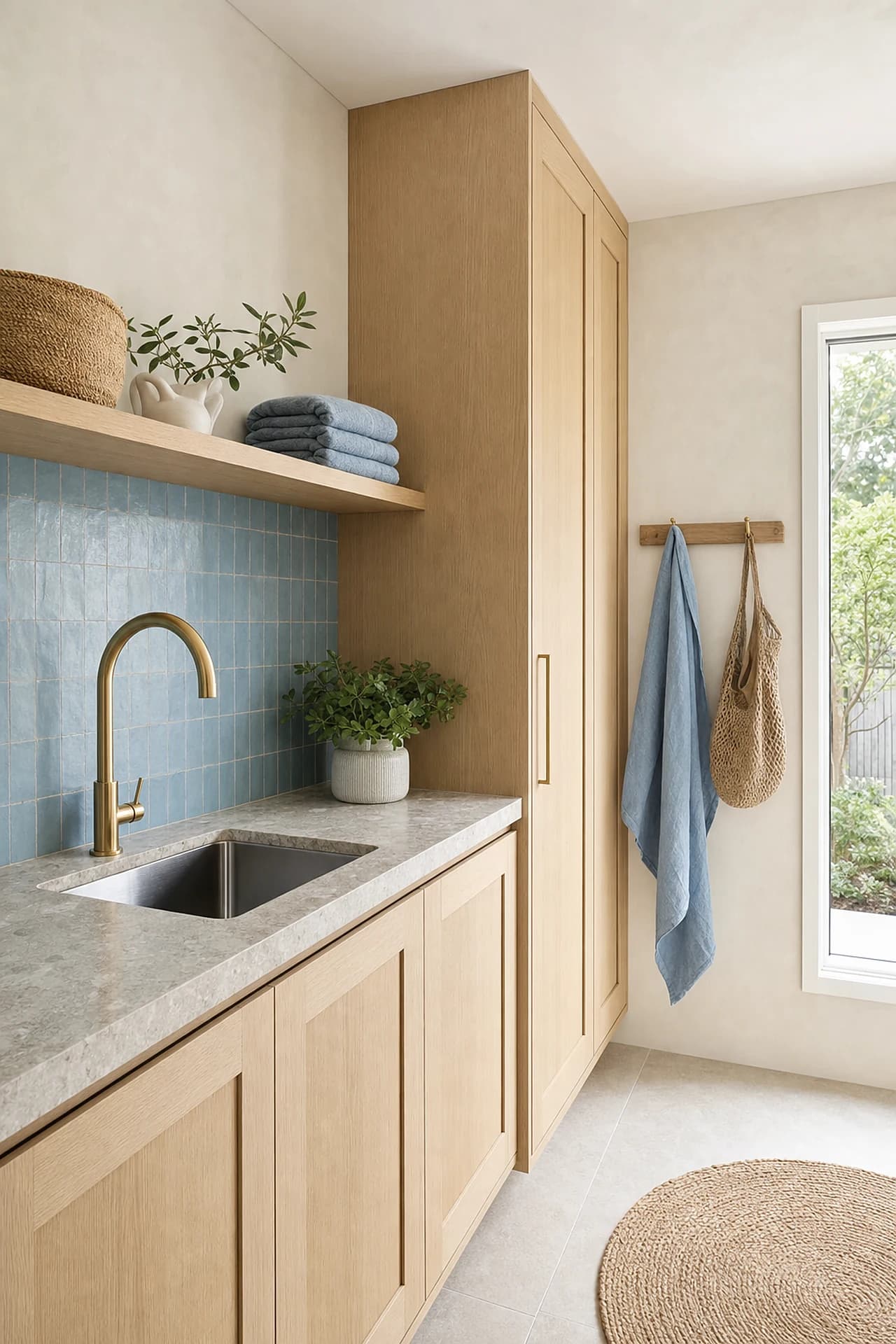A finished Byron Bay laundry with oak cabinets and a stone benchtop opening off the bathroom
