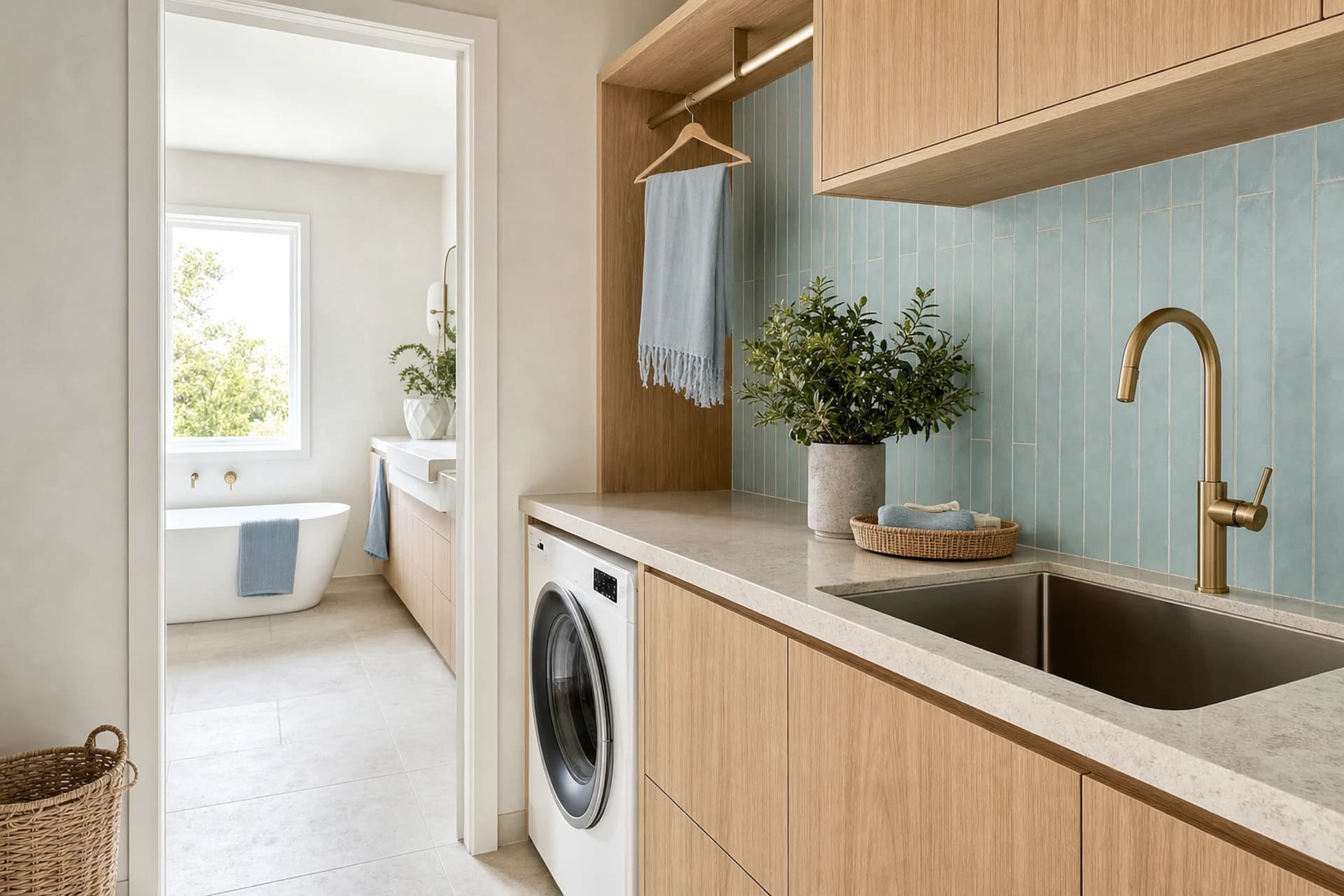 A laundry with a deep tub and a timber bench alongside the bathroom