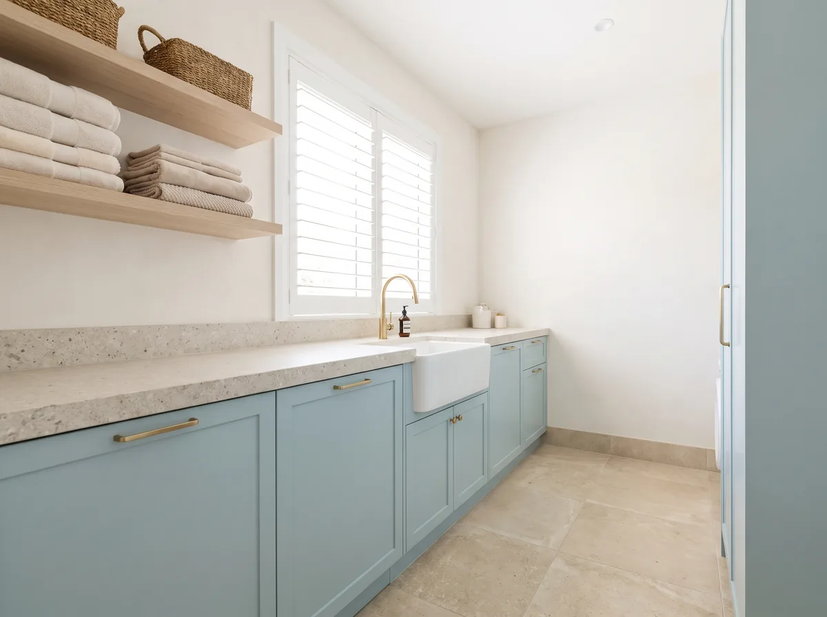 A long Byron Bay laundry bench with a stone top and a deep tub set into it