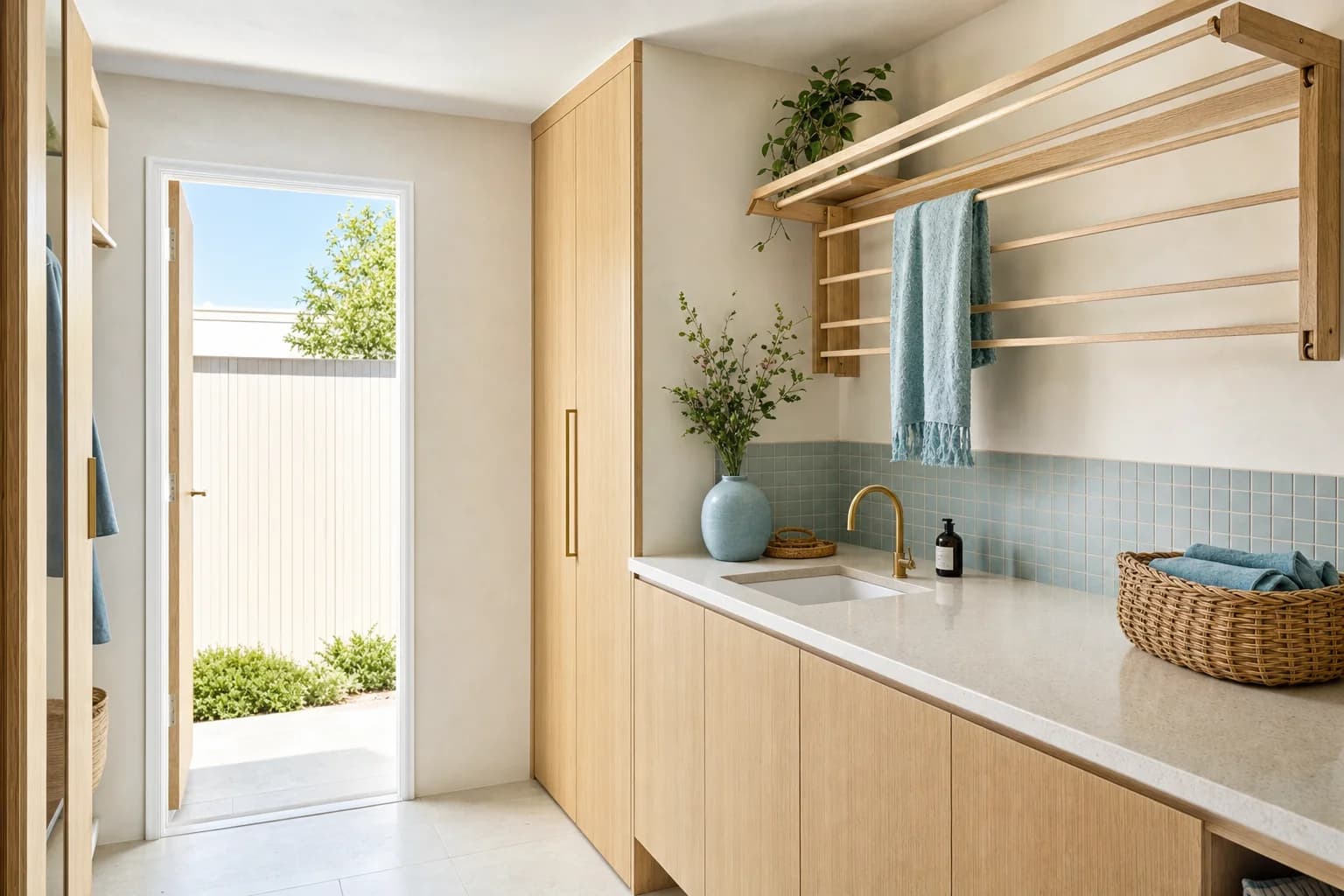 A finished Byron Bay laundry with a wall mounted drying rack over the bench