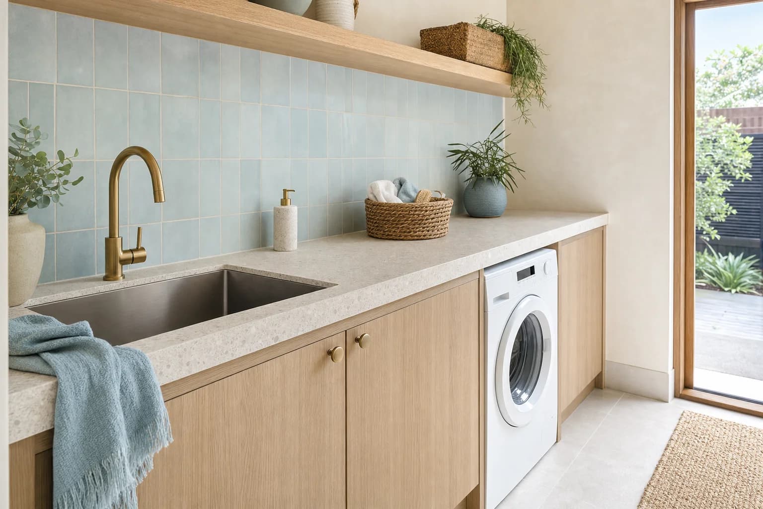 A laundry with a stainless tub and a front loading machine under a timber bench