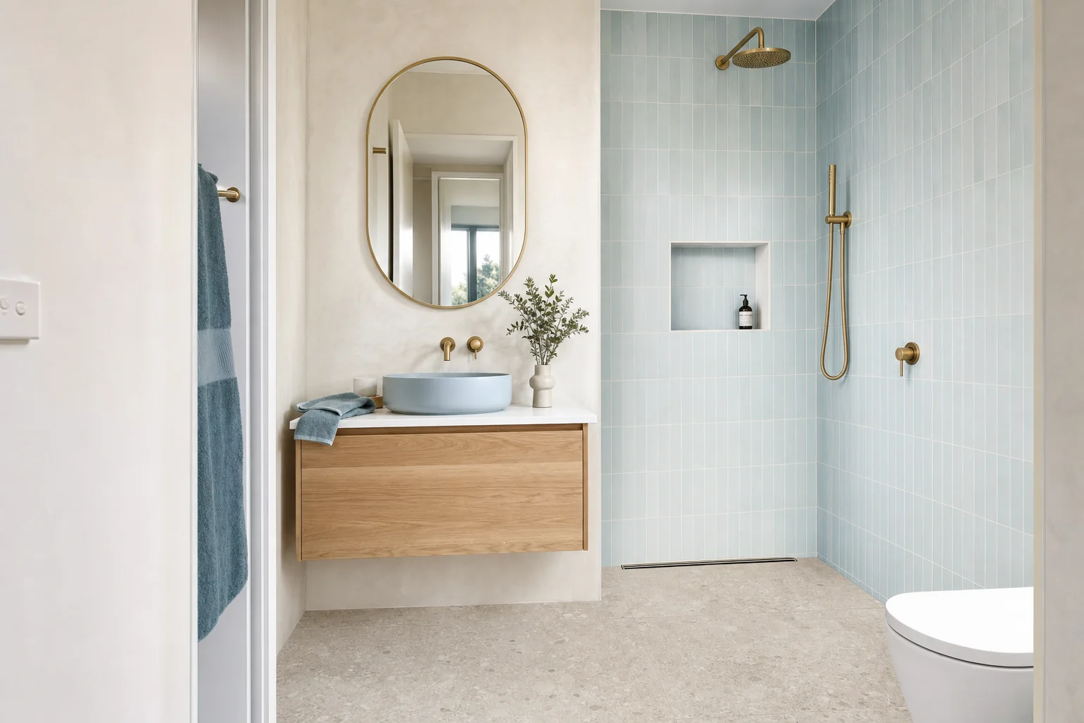 A completed compact step free Byron Bay bathroom with a level floor throughout