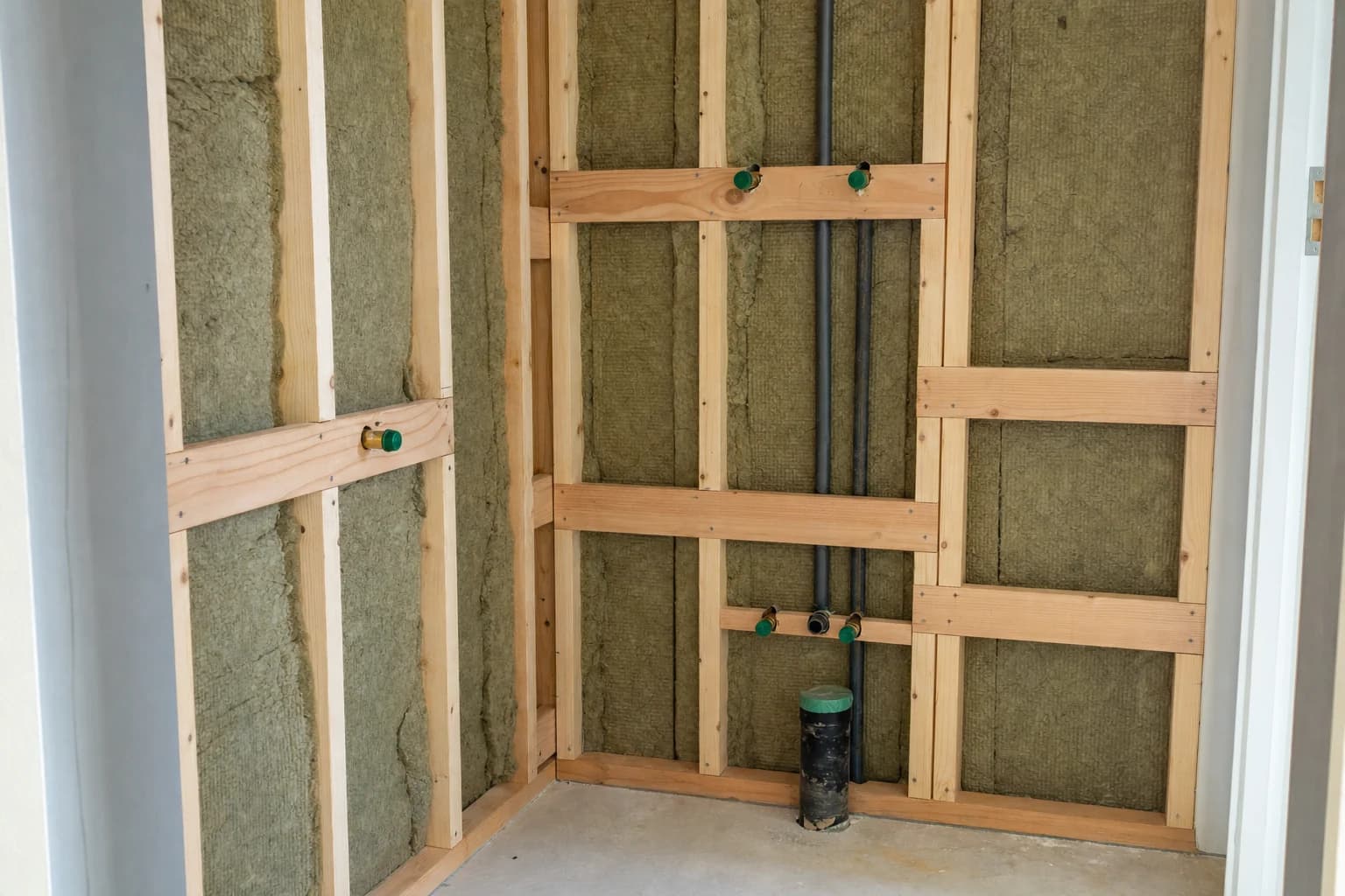 Timber blocking set at several heights in an open bathroom wall cavity