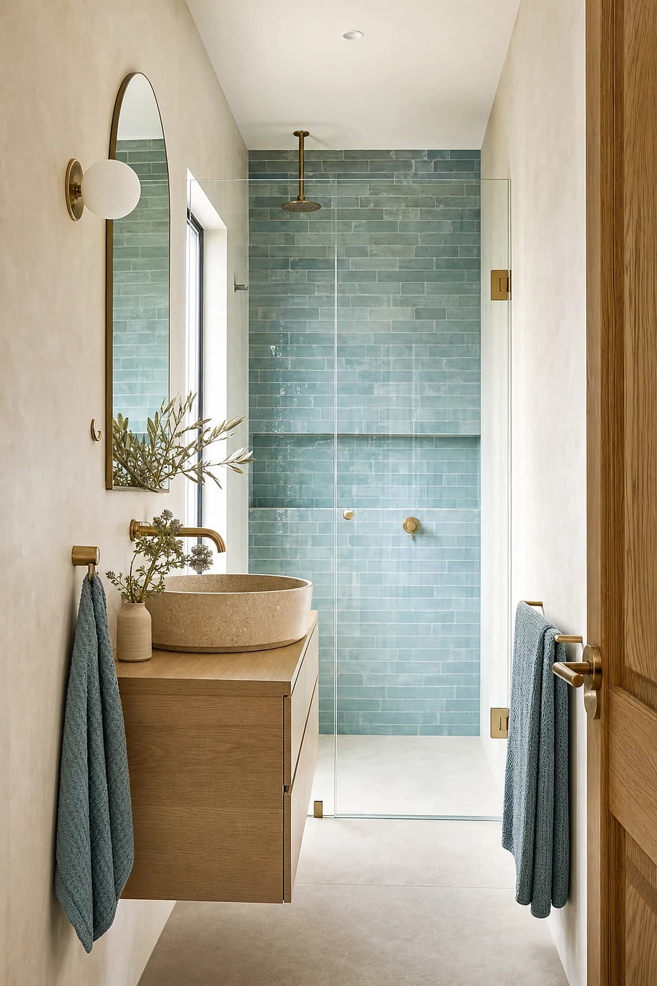 A compact ensuite with a wall hung vanity and a glass screen