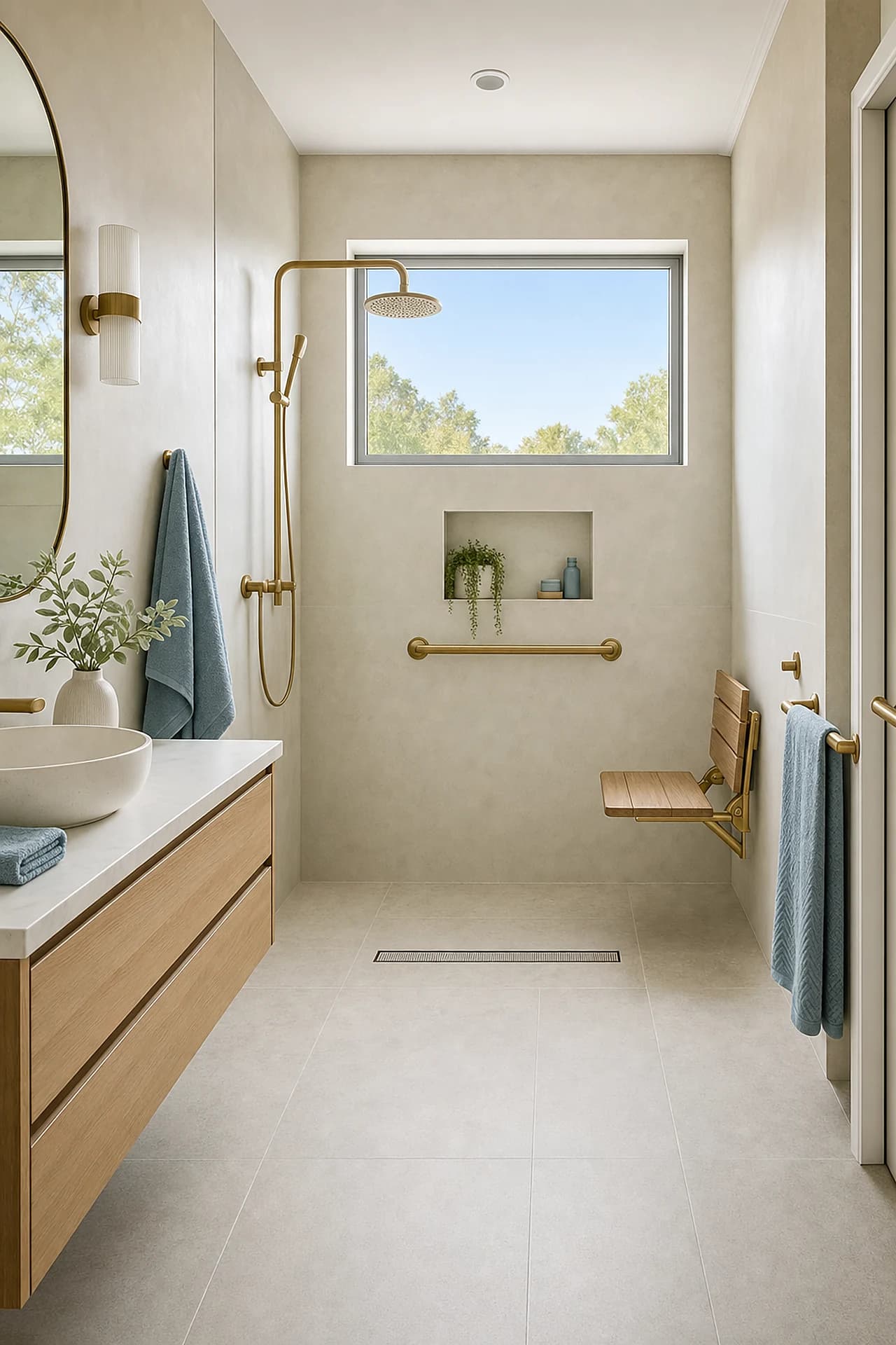A step free bathroom with the floor running level through to the shower