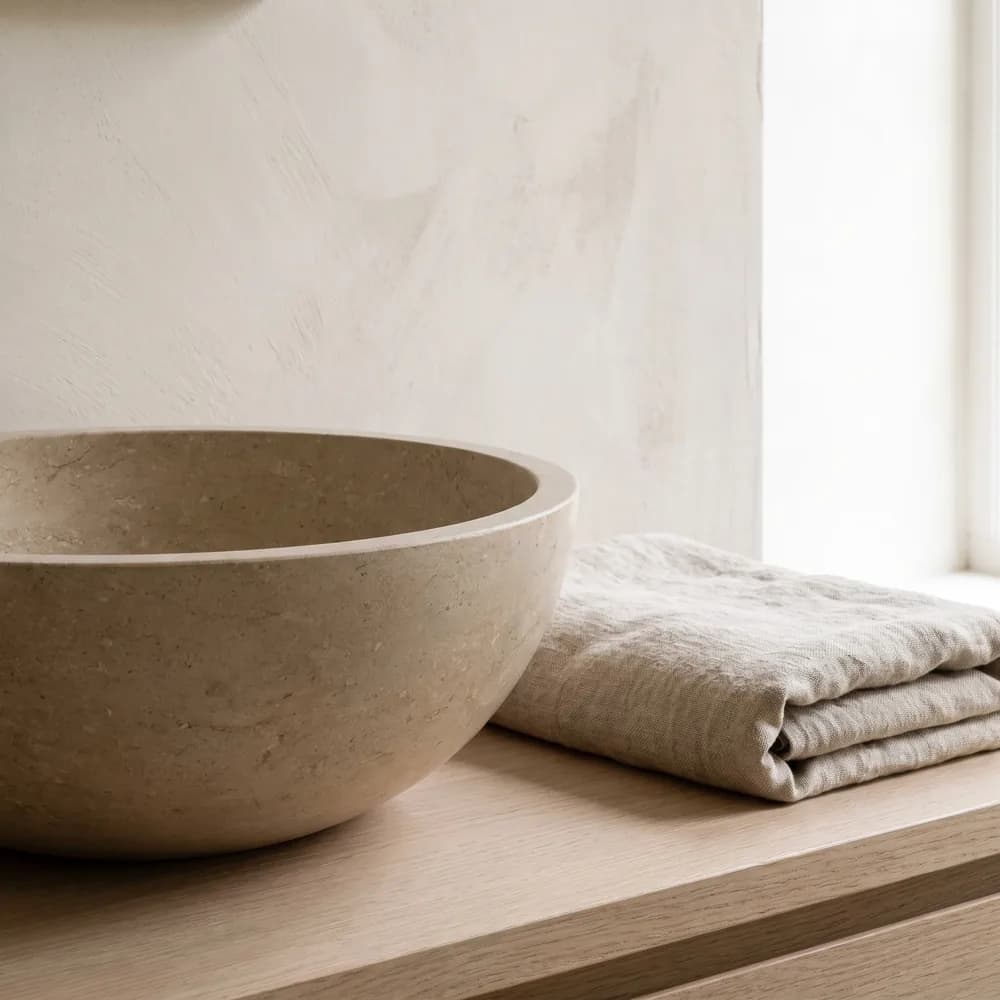 A stone basin on a wall hung oak vanity