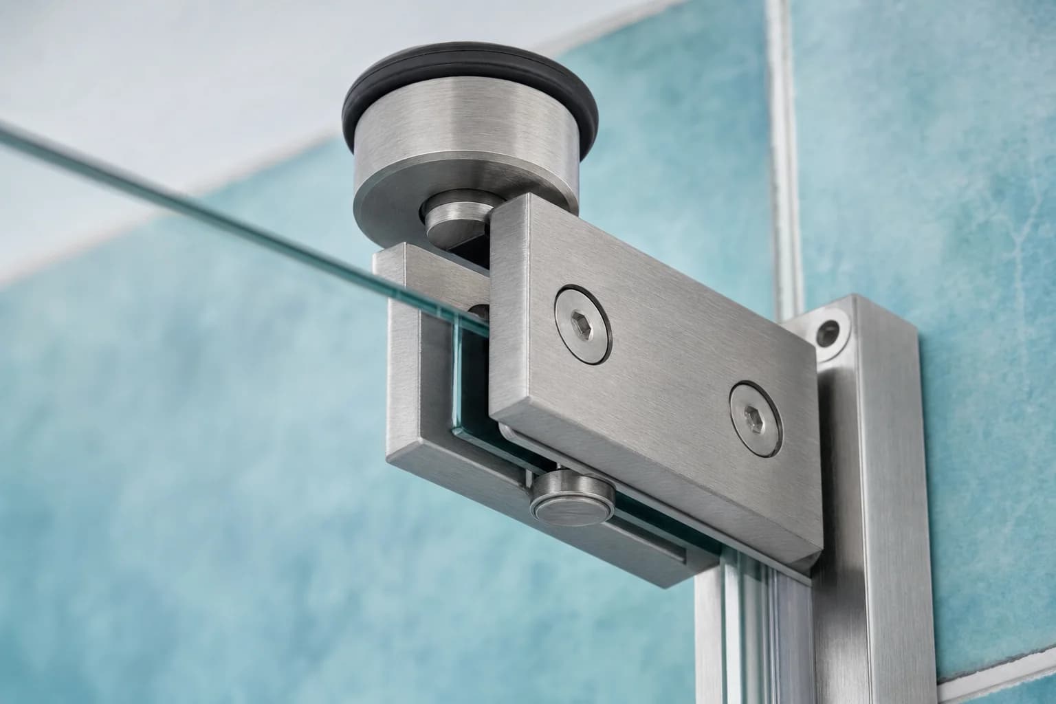 Brushed stainless shower screen hardware and a hinge detail in a Suffolk Park bathroom