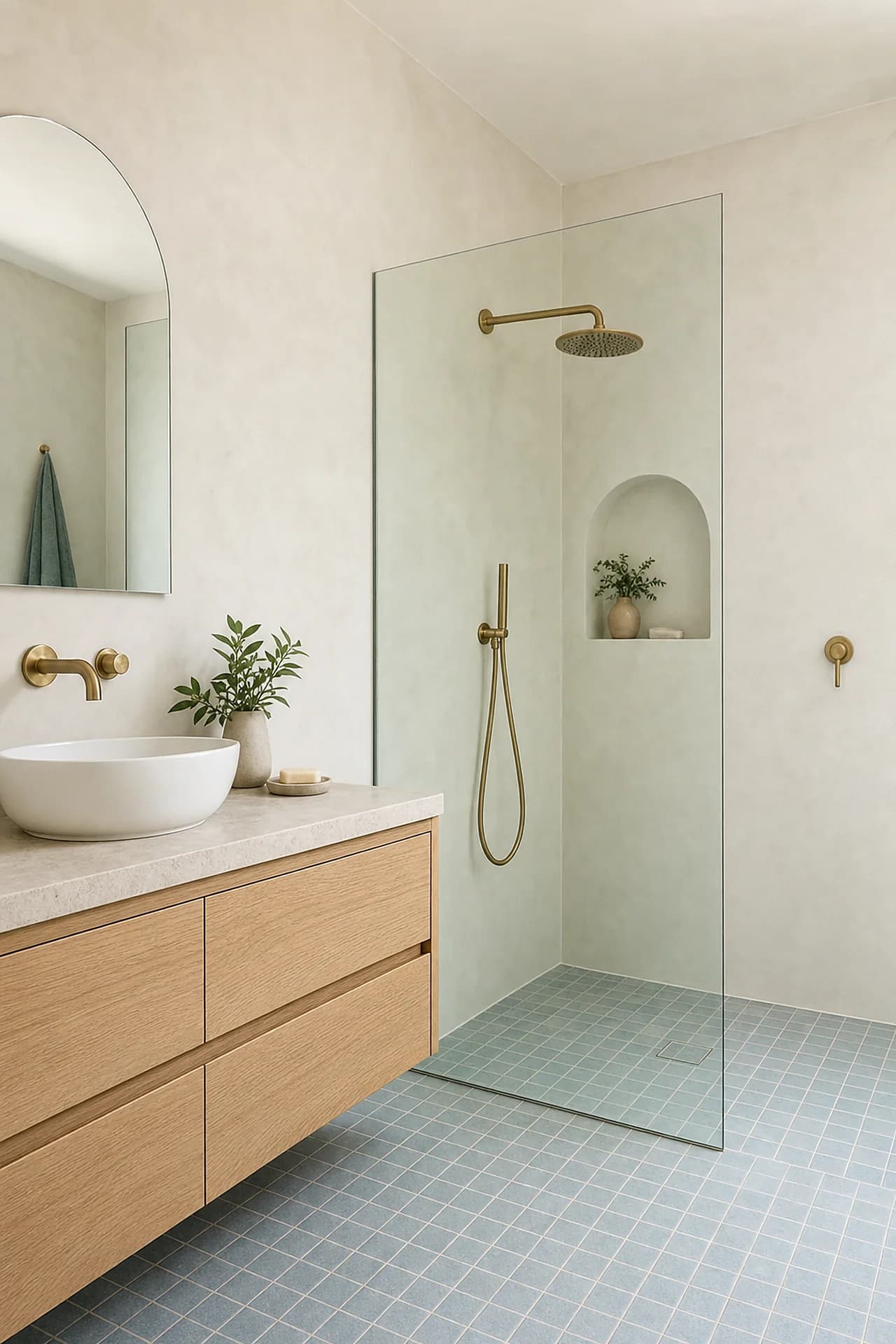 A walk in shower with sea blue tile and a single floor fall