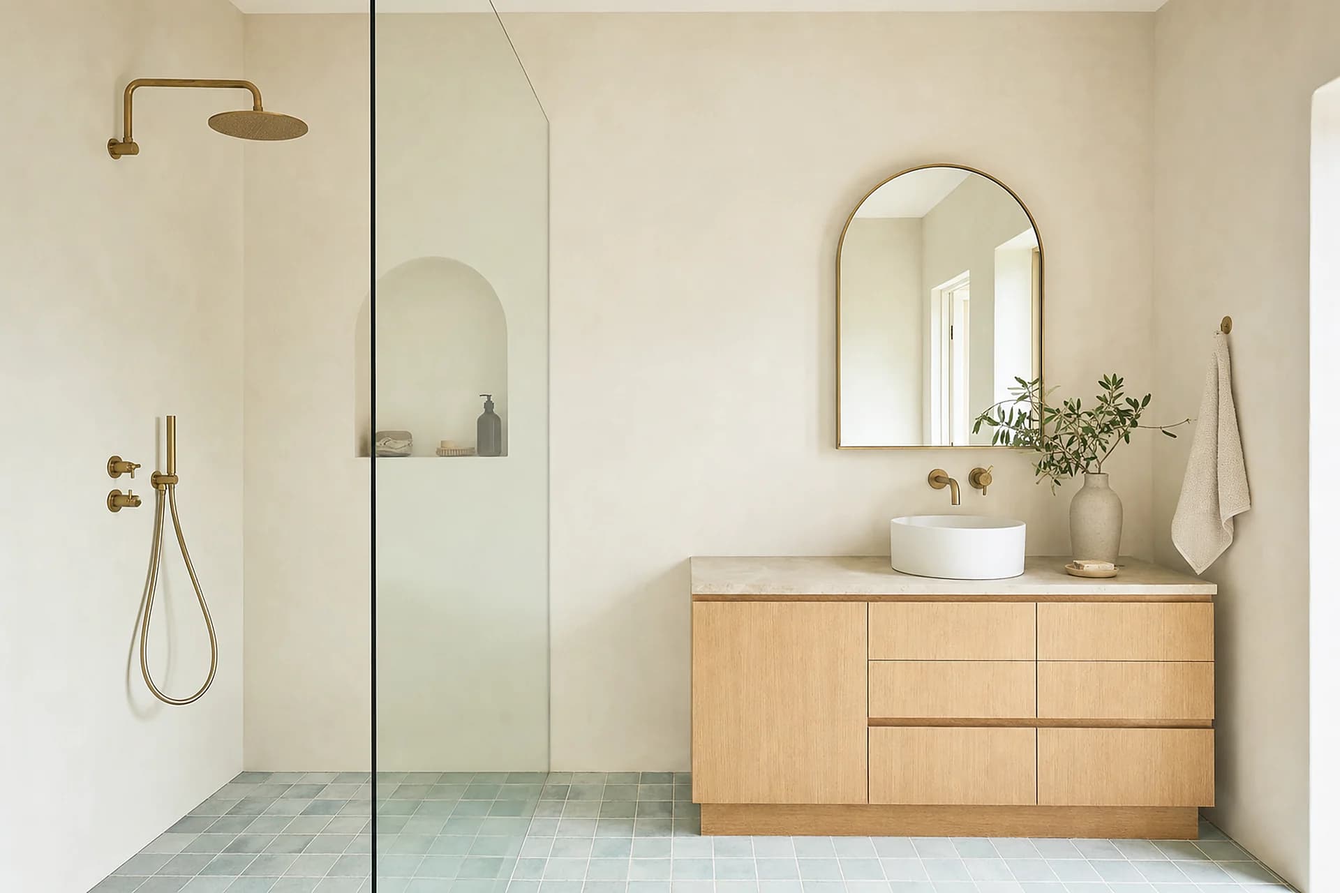 A walk in shower with a single floor fall and sea blue tile