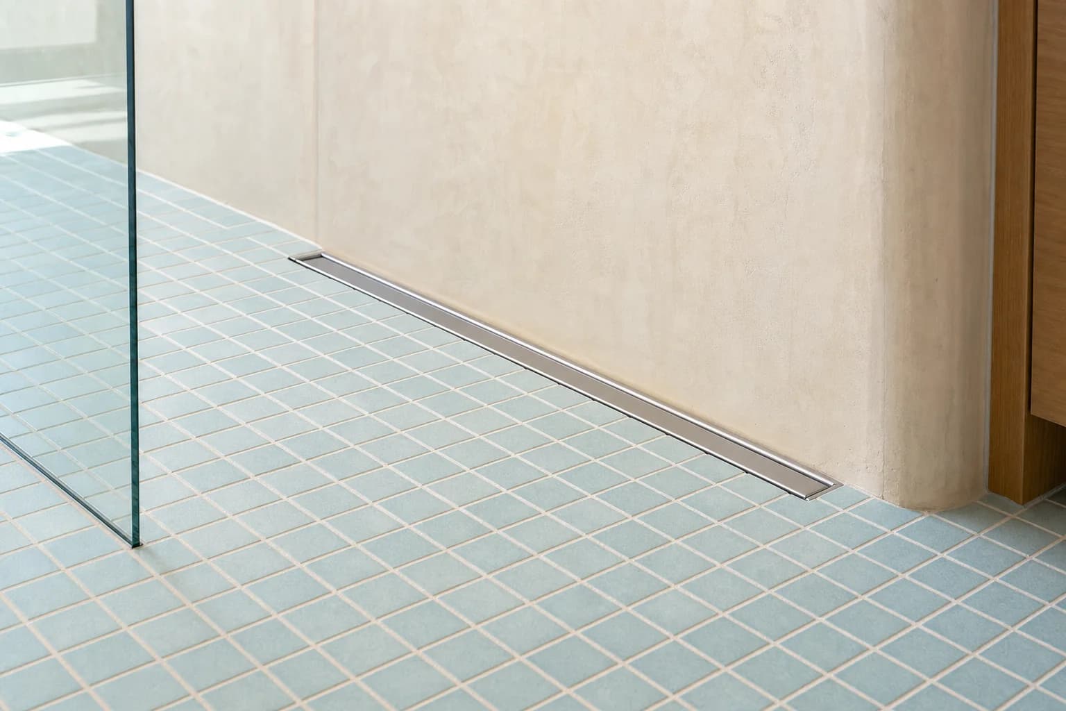 A step free shower entry with the floor running level through from the bathroom