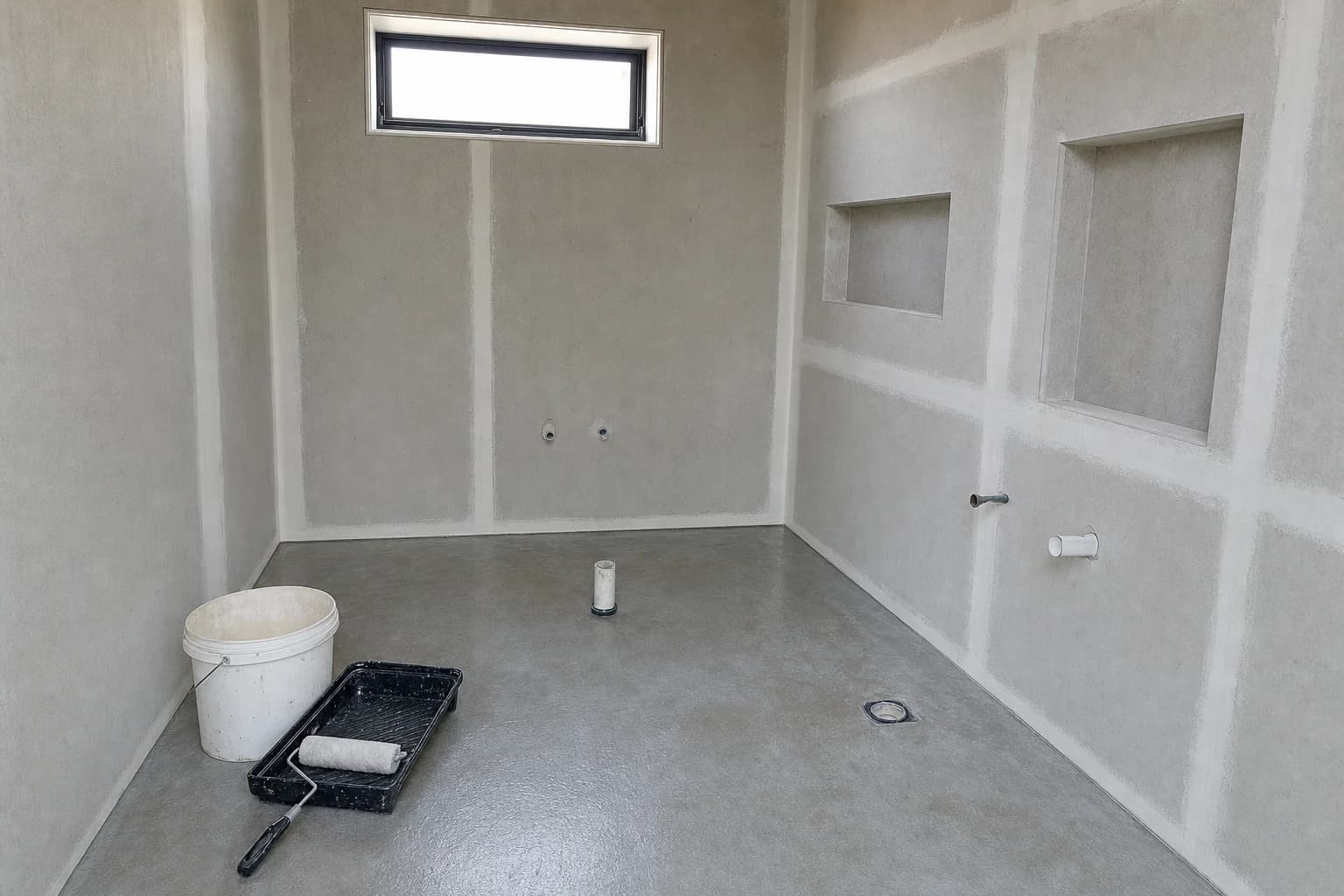 A stripped Byron Bay bathroom with taped sheet joints and primer rolled over the floor